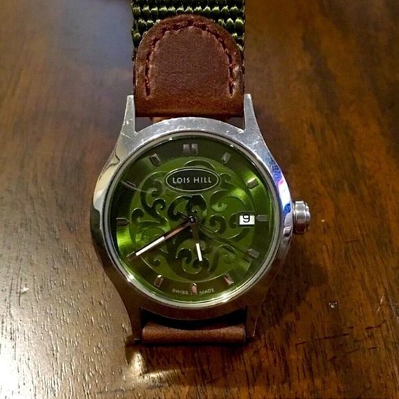 LOIS HILL Green Face Swiss Movement Watch Brown Leather Band (New) RARE UNISEX - Picture 7 of 8